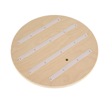 A round 15mm thick birch plywood shelf from the TORA cat tree, featuring multiple pre-installed velcro strips for easy and secure attachment of the soft plush cat beds.