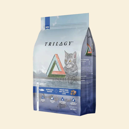 Front view of Trilogy Adult Cat Dry Food (1.8kg). Premium Australian Salmon grain-free kibble mixed with Freeze-Dried New Zealand Lamb. Formulated specially for indoor cats.
