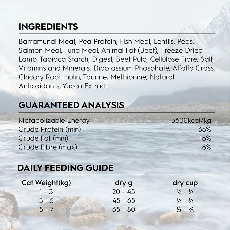 Nutritional information panel for Trilogy Barramundi and Tuna cat food. Displays ingredients list, feeding guide, and guaranteed analysis showing a high 38% crude protein and 16% crude fat.