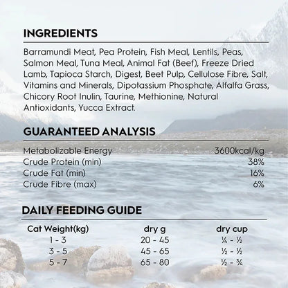 Nutritional information panel for Trilogy Barramundi and Tuna cat food. Displays ingredients list, feeding guide, and guaranteed analysis showing a high 38% crude protein and 16% crude fat.