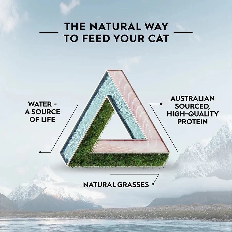 The Trilogy triangle diagram illustrating the natural way to feed your cat. Showing three core elements: water, Australian sourced high-quality protein, and natural grasses.