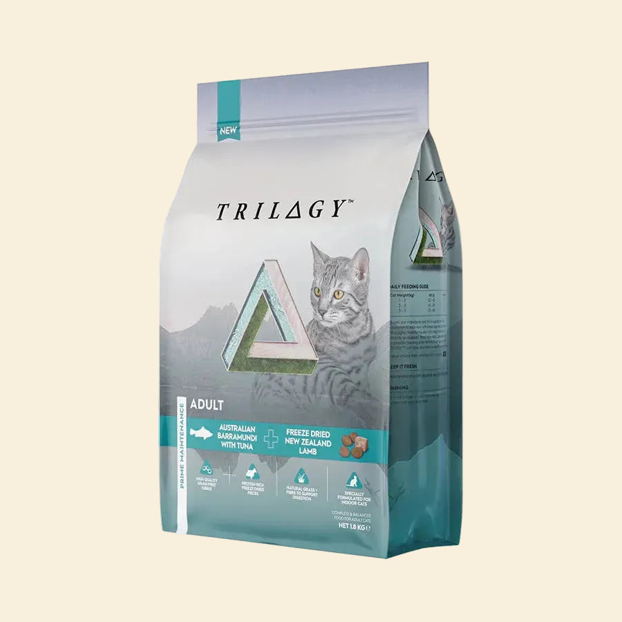 Front view of the 1.8kg bag of Trilogy Adult Cat Dry Food. Premium maintenance diet featuring Australian Barramundi, Tuna, and Freeze-Dried New Zealand Lamb. Specially formulated for indoor cats.