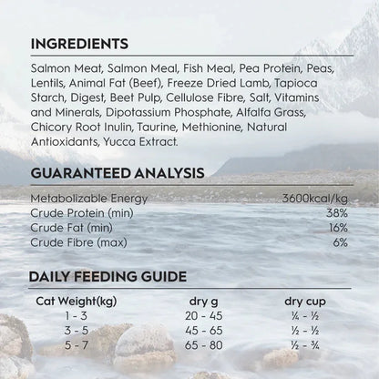 Nutritional information panel for Trilogy Salmon and Lamb cat food. Displays ingredients, daily feeding guide, and guaranteed analysis highlighting 38% crude protein and 16% crude fat.