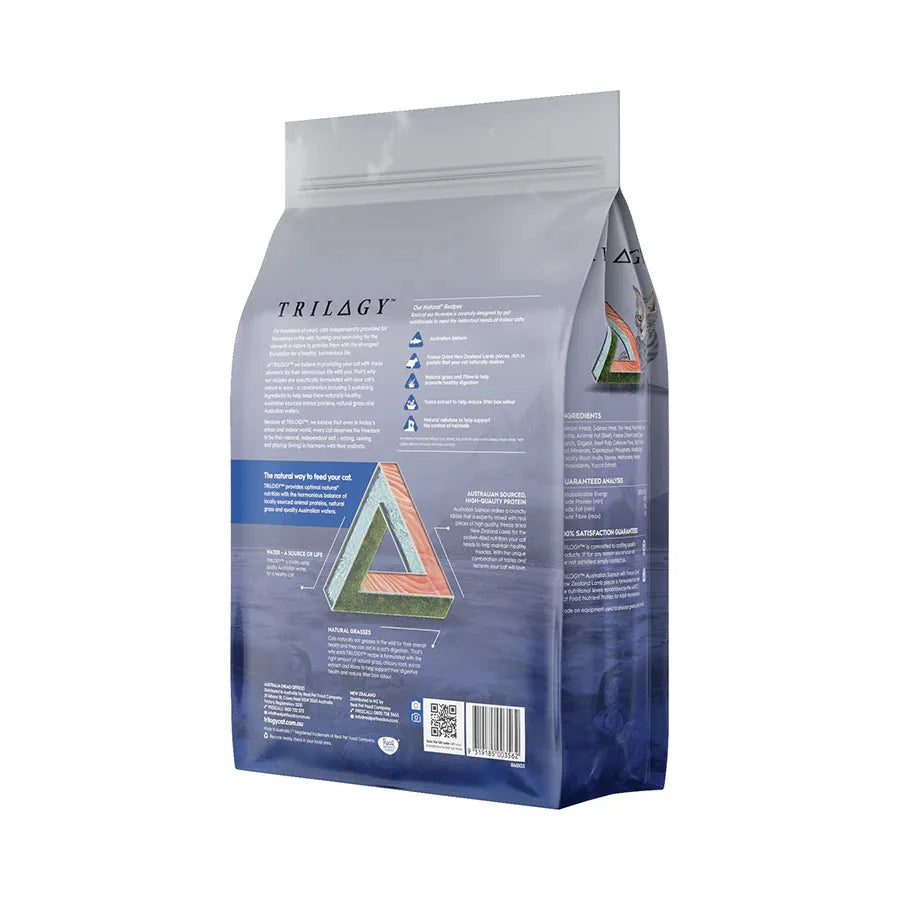 Back packaging of Trilogy Salmon cat food highlighting the natural feeding triangle, Australian sourced ocean protein, and indoor cat digestive benefits.