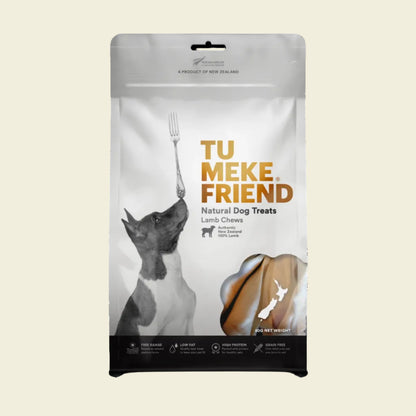 Front packaging of TU MEKE FRIEND Air-Dried Lamb Chews (80g), featuring a dog balancing a fork on its nose and a clear window displaying the natural lamb ear treats.