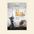 Front packaging of TU MEKE FRIEND Air-Dried Veal Brisket (100g), featuring a dog balancing a fork and a clear window displaying the high-protein natural treats inside.