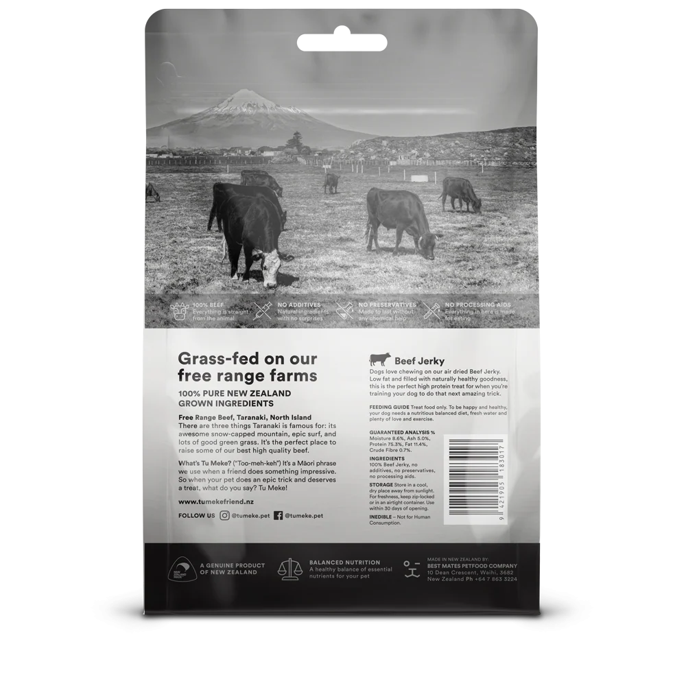 Back of the TU MEKE FRIEND Beef Jerky pouch, detailing the free-range sourcing from Taranaki, New Zealand, single-ingredient purity, and guaranteed nutritional analysis.
