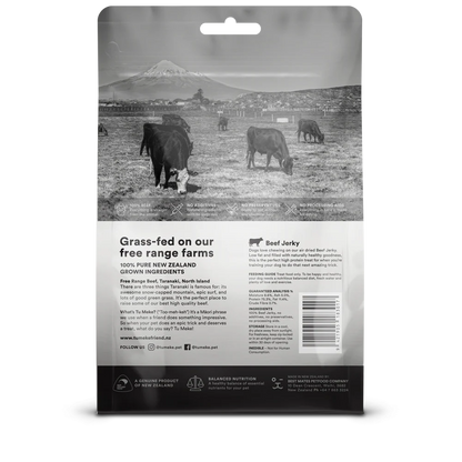 Back of the TU MEKE FRIEND Beef Jerky pouch, detailing the free-range sourcing from Taranaki, New Zealand, single-ingredient purity, and guaranteed nutritional analysis.