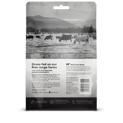 ack of the Tu Meke Friend Beef Liver Strips pouch, showing the 100% beef liver ingredients, guaranteed analysis, and New Zealand sourcing information.