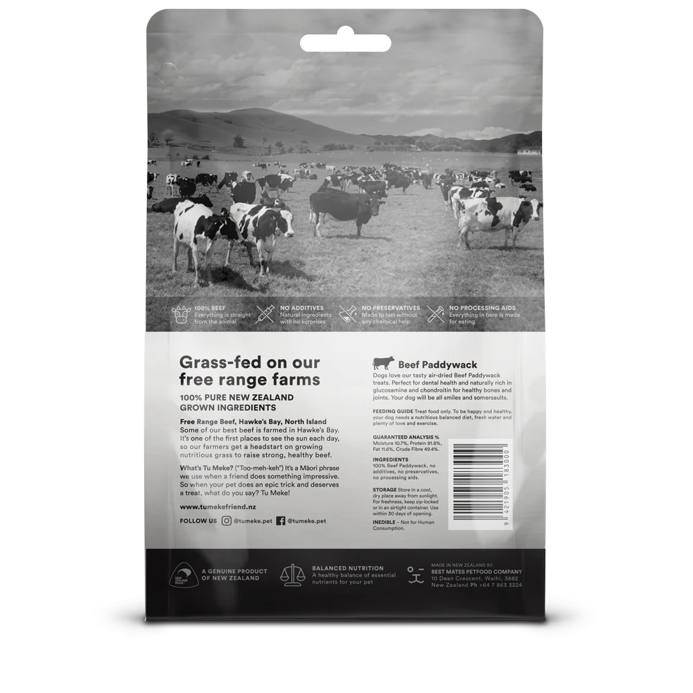 The back of the TU MEKE FRIEND Beef Paddywack pouch, detailing the guaranteed analysis with 91.8% protein, natural glucosamine and chondroitin for joint health, and safe feeding guidelines.