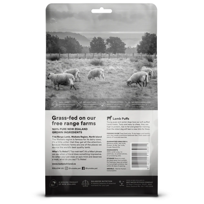Back of the TU MEKE FRIEND Lamb Puffs pouch, detailing the free-range, grass-fed New Zealand sheep sourcing, 75.3% protein content, and single-ingredient purity.