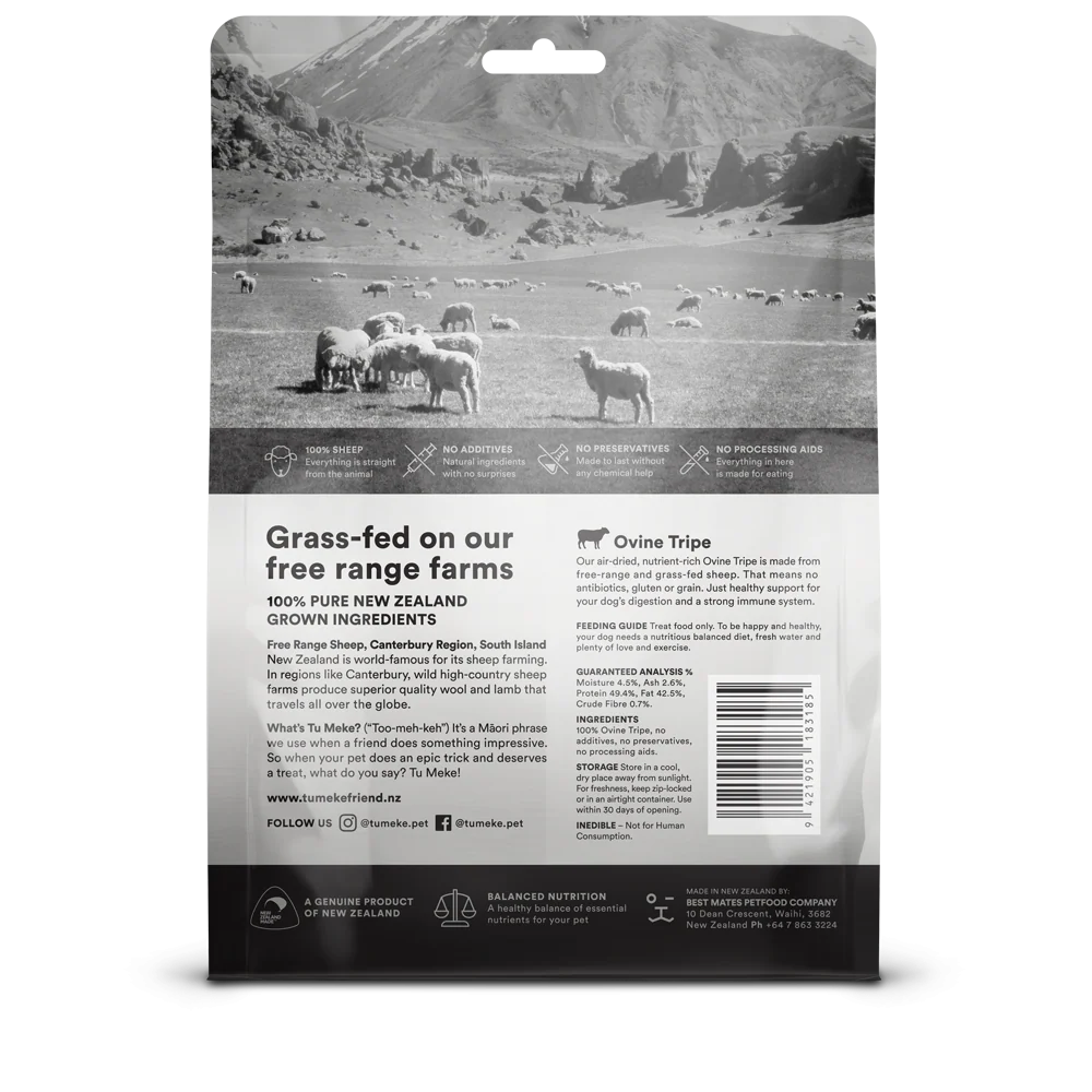 Back of the TU MEKE FRIEND Ovine Tripe pouch, detailing the free-range sheep sourcing from the Canterbury Region of New Zealand, single-ingredient purity, and guaranteed nutritional analysis.