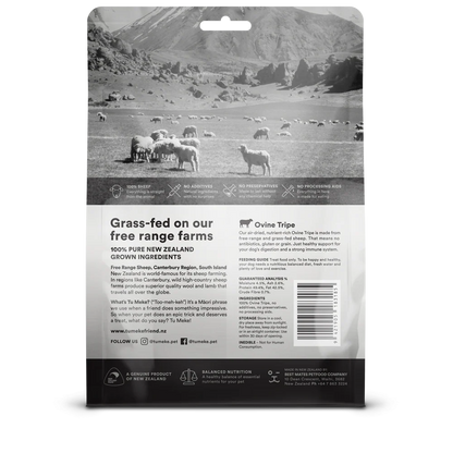 Back of the TU MEKE FRIEND Ovine Tripe pouch, detailing the free-range sheep sourcing from the Canterbury Region of New Zealand, single-ingredient purity, and guaranteed nutritional analysis.