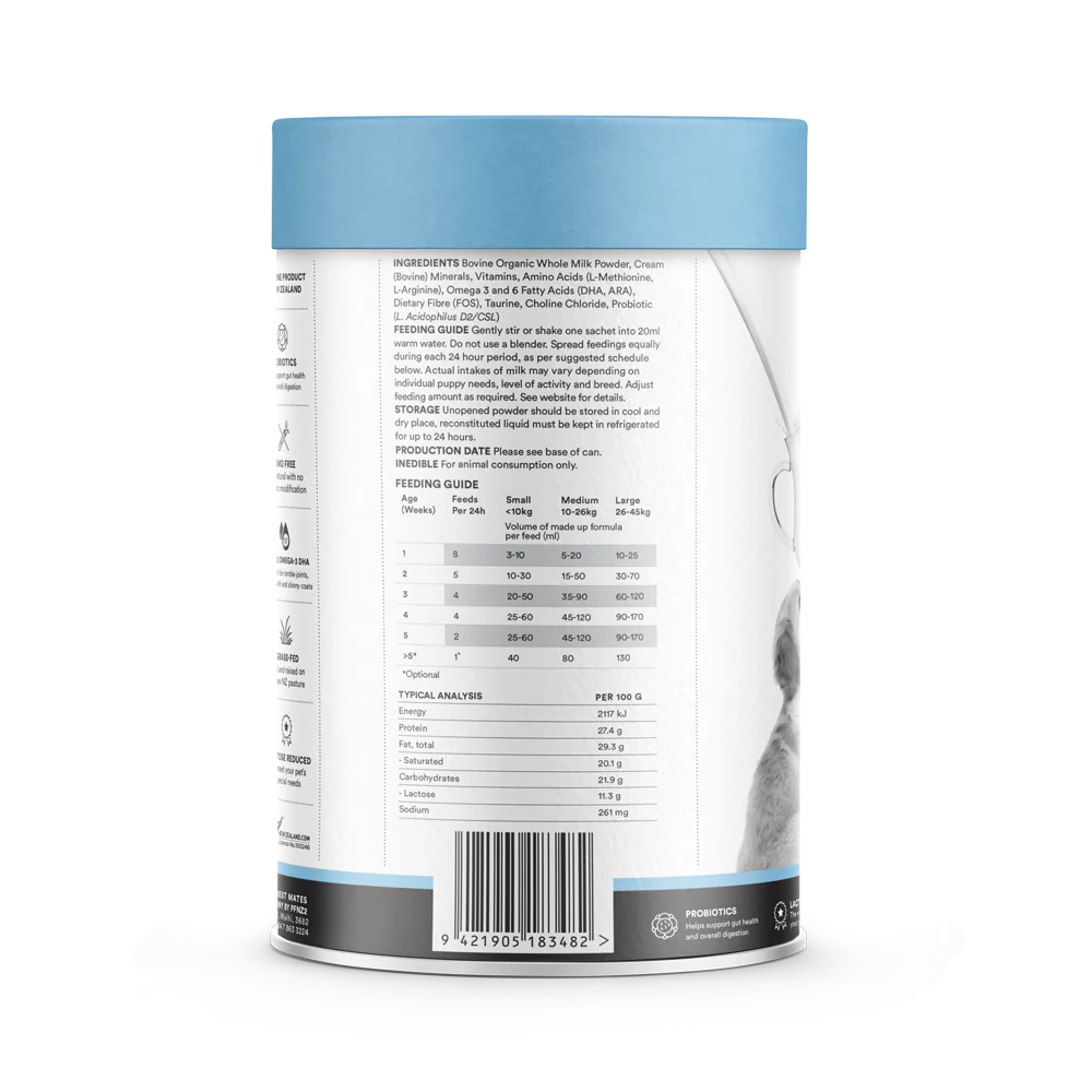The back of the TU MEKE FRIEND Puppy Milk Replacer packaging, detailing the guaranteed analysis (A3 Organic Milk, DHA), preparation steps, and feeding guidelines.