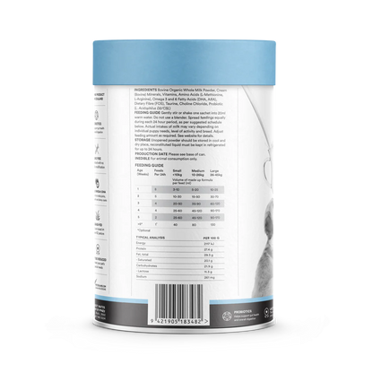 The back of the TU MEKE FRIEND Puppy Milk Replacer packaging, detailing the guaranteed analysis (A3 Organic Milk, DHA), preparation steps, and feeding guidelines.