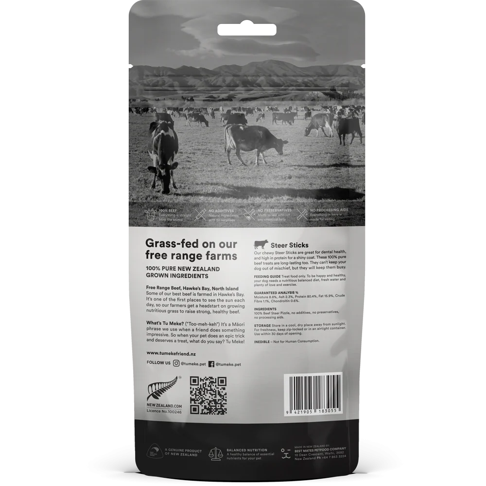 Back of the TU MEKE FRIEND Steer Sticks pouch, detailing the 80.4% protein content, free-range New Zealand beef sourcing, and single-ingredient purity.