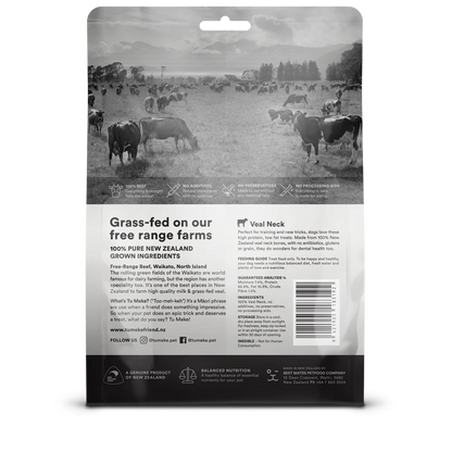 The back of the TU MEKE FRIEND Veal Neck pouch, showing the guaranteed analysis with 62.8% protein, 100% veal neck ingredients, and safety feeding instructions.