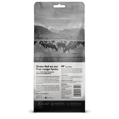 Back of the TU MEKE FRIEND Veal Ribs pouch, detailing the grass-fed, free-range New Zealand sourcing, single-ingredient purity, and guaranteed nutritional analysis.