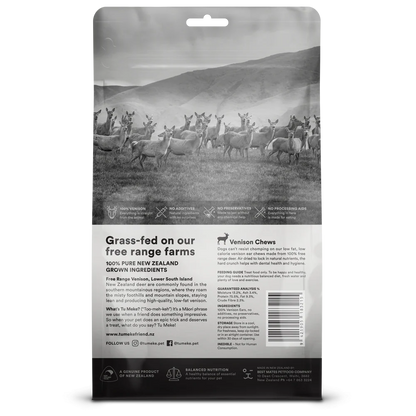 Back of the TU MEKE FRIEND Venison Chews pouch, detailing the free-range sourcing from Southland, New Zealand, the massive 75.5% protein content, and single-ingredient purity.