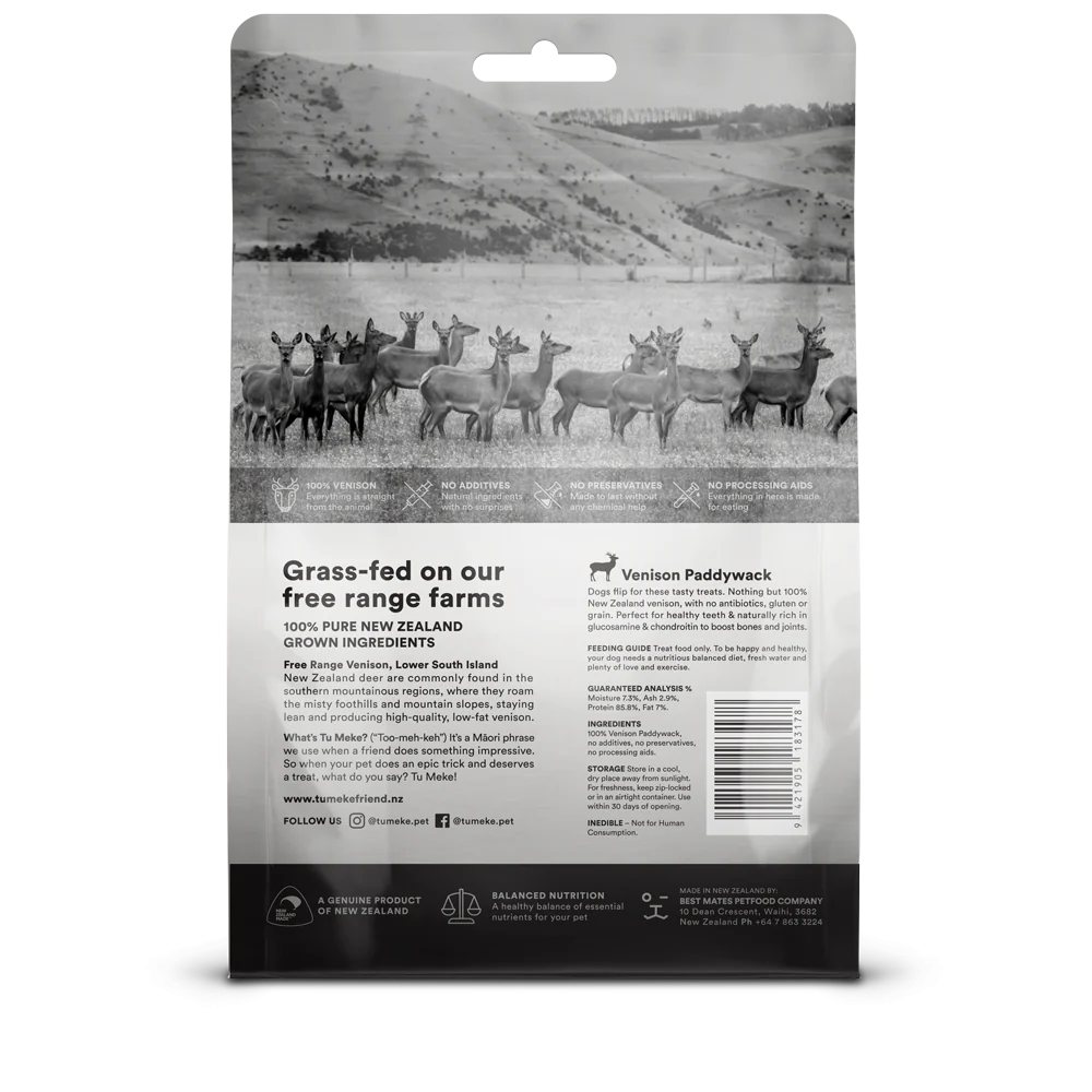Back of the TU MEKE FRIEND Venison Paddywack pouch, detailing the free-range sourcing from the Lower South Island of New Zealand, single-ingredient purity, and guaranteed nutritional analysis.