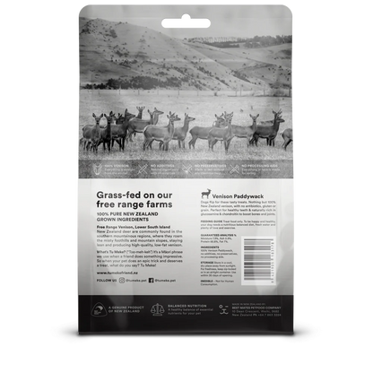 Back of the TU MEKE FRIEND Venison Paddywack pouch, detailing the free-range sourcing from the Lower South Island of New Zealand, single-ingredient purity, and guaranteed nutritional analysis.