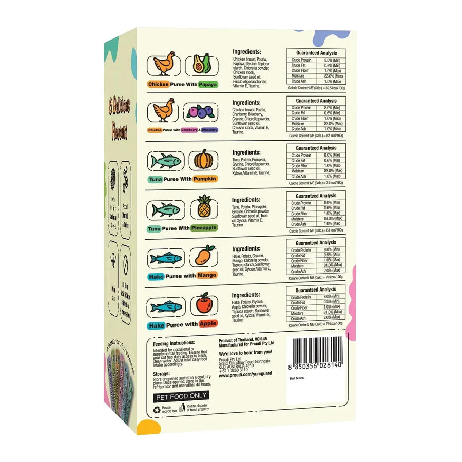 Back view of YumGuard Puree Star Combo Pack detailing ingredients and guaranteed analysis for all 6 flavors. Shows no gum, artificial colors, palatants, or preservatives.