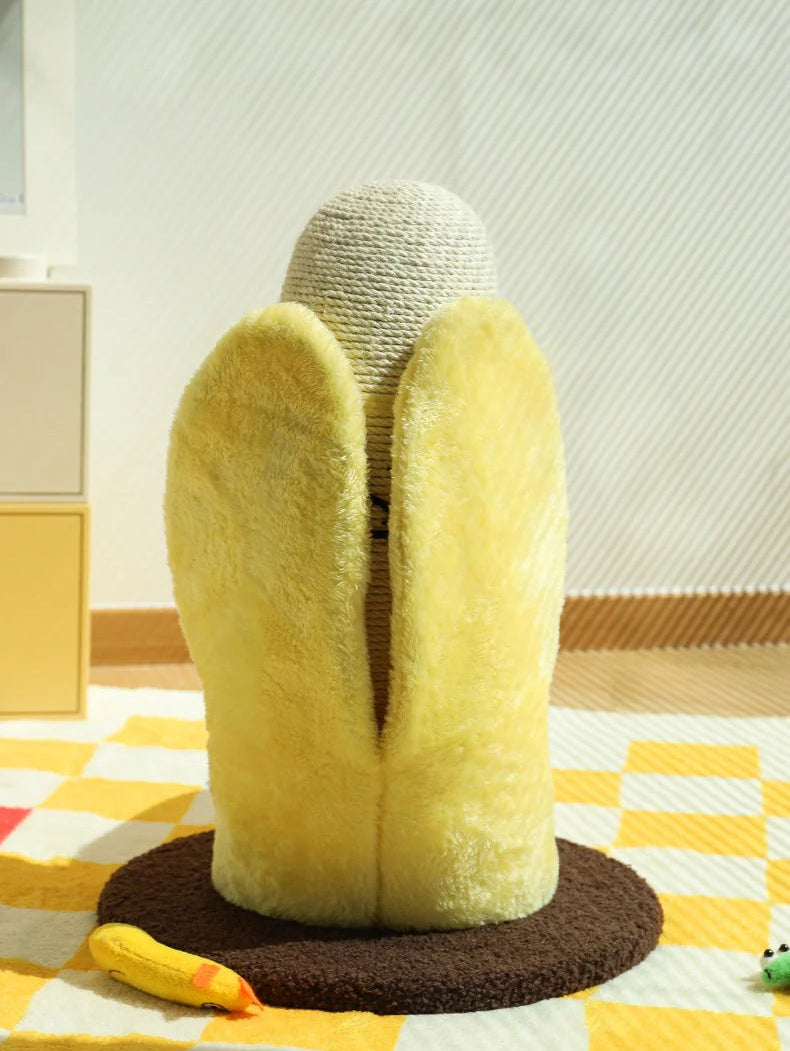 The unpeeled view of the Banana Cat Scratching Post, showing the soft yellow plush peels folded up around the natural sisal rope core.
