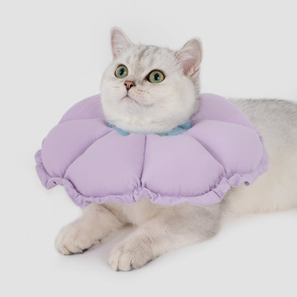 A cute cat sitting comfortably wearing the purple flower-shaped plush cone, demonstrating a full field of vision without the restriction of a traditional plastic cone