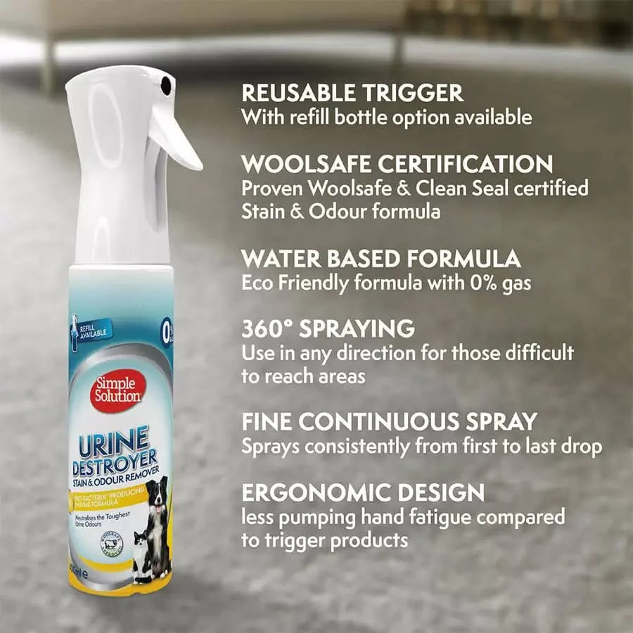 The Simple Solution Urine Destroyer spray displayed on a carpet, listing key benefits like a reusable trigger, Woolsafe certification, eco-friendly water-based formula, and an ergonomic design for less hand fatigue.