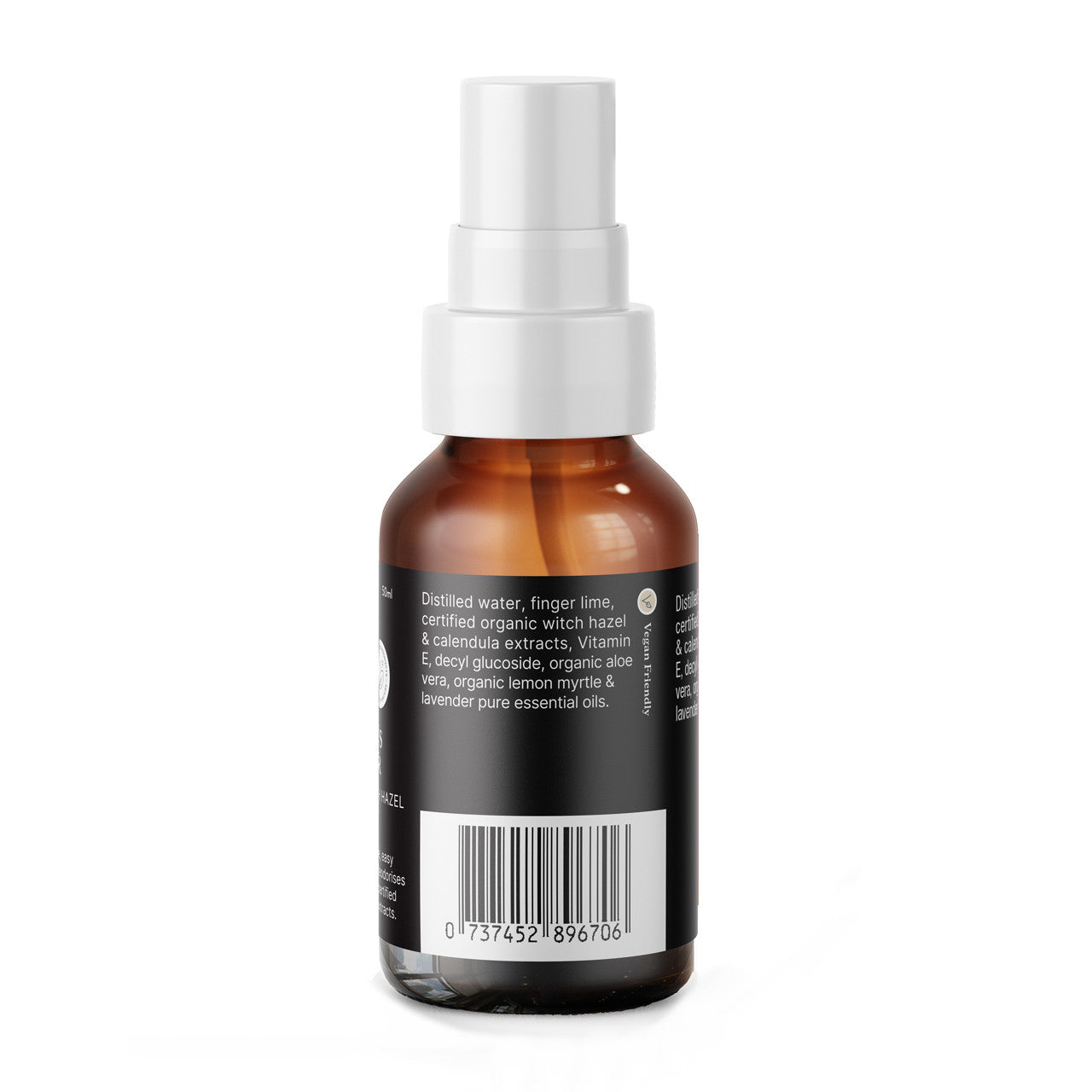 Back view of the Essential Dog ear cleaner bottle, showing the barcode, Vegan Friendly logo, and a list of certified organic ingredients including witch hazel, calendula extract, and aloe vera.