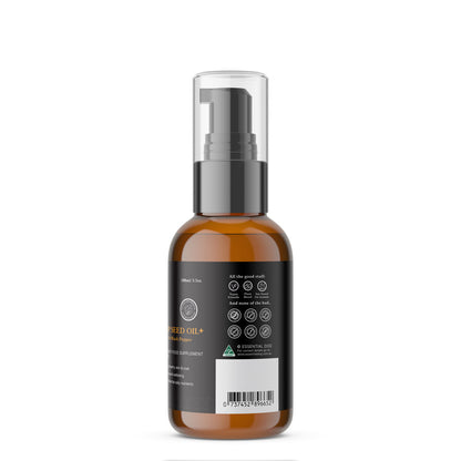 Side panel of the Essential Dog Hemp Seed Oil+ bottle, featuring the Australian Made logo and clean label icons indicating it is vegan-friendly, plant-based, and cruelty-free.