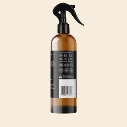 Back label of the Dermal Scratch Spray showing Vegan, Plant Based, and Not Tested on Animals certifications. Lists full ingredients including Lavender Oil and Vitamin E