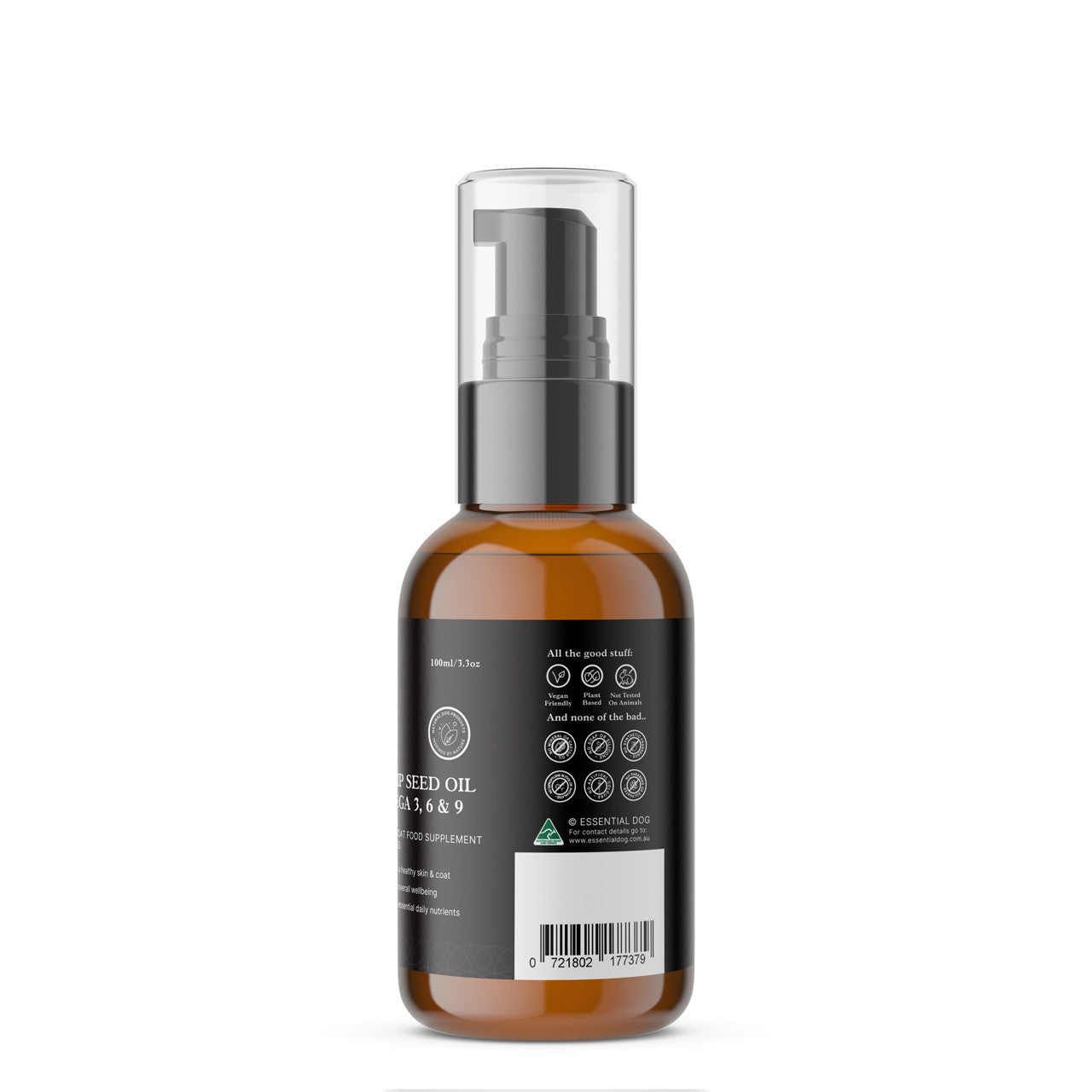 Side view of the Essential Dog hemp seed oil bottle, featuring the Australian Made logo and icons emphasizing it is vegan friendly, plant-based, and not tested on animals.