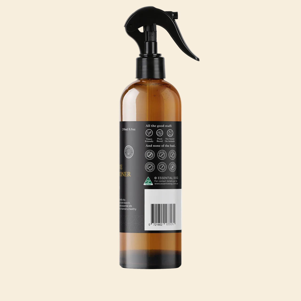 Certification icons on the Essential Dog bottle: Vegan Friendly, Plant Based, and Not Tested on Animals. A safe, cruelty-free grooming hack for sensitive pups