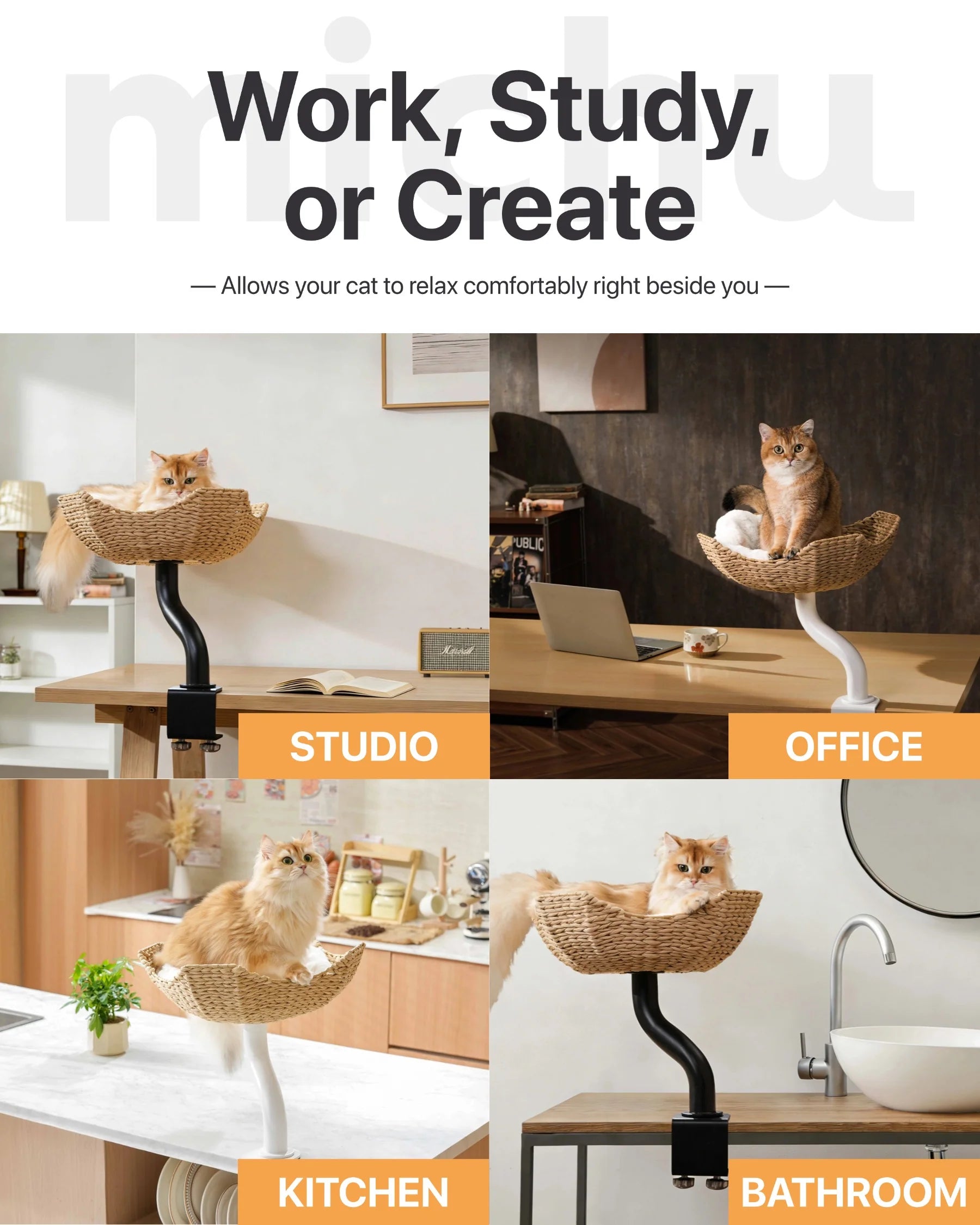 Four lifestyle scenarios showing the Michu DeskMate being used in a studio, home office, kitchen island, and bathroom counter. Allows your cat to relax comfortably beside you anywhere.