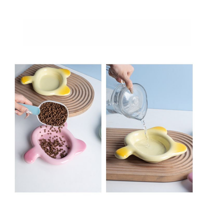 A split image showing kibble being poured into the pink Chubby Cat plate and water into the yellow plate, highlighting its versatile 200ml capacity for food and hydration.