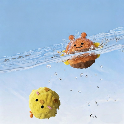 The Striped Bee and Yellow Chick plush dog toys floating in clear water, demonstrating that they are 100% fully washable and safe to submerge to clean off dog slobber.