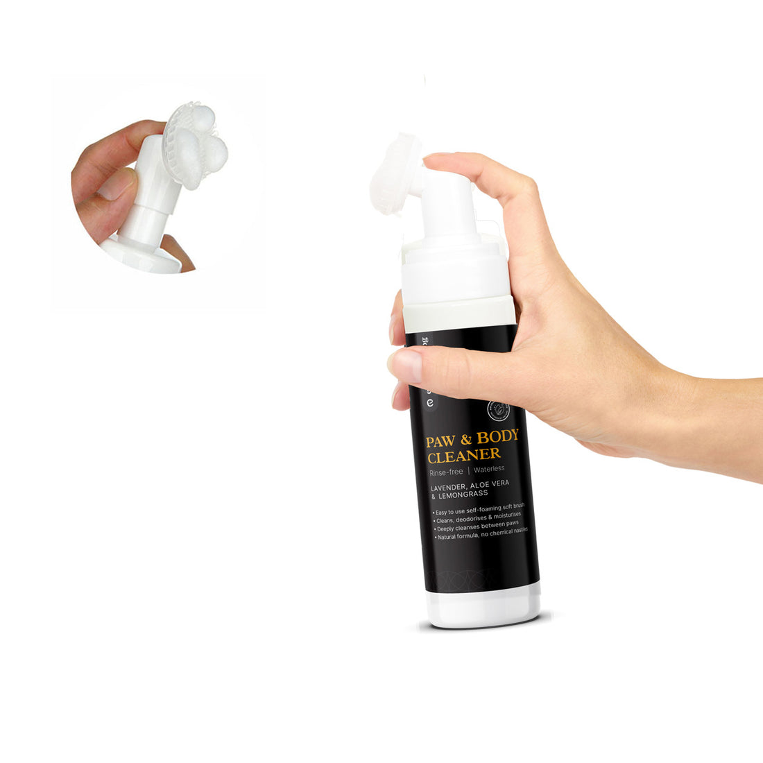 Hand dispensing foam from the paw cleaner pump. The self-foaming brush scrubs away dirt and street grime from deep between the toes without a hose or bucket."