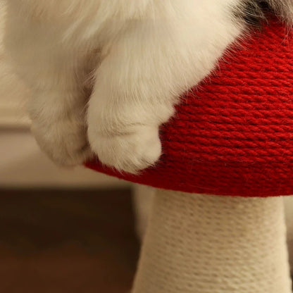 Close-up of soft white cat paws resting perfectly on the heavily textured, red sisal-wrapped cap of the durable mushroom cat scratcher.