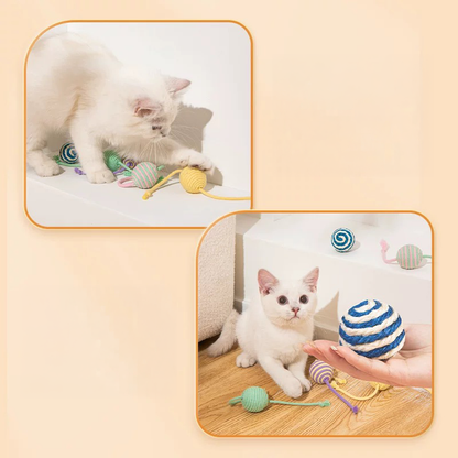 A collage showing a cute white cat playfully engaging and interacting with various pastel striped sisal cat toy balls on the floor.