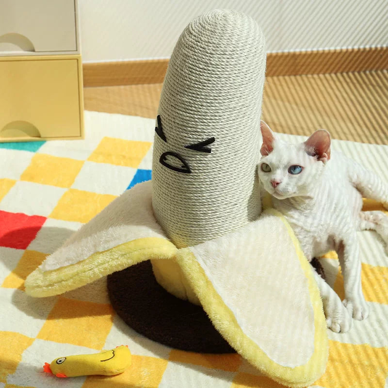 A white cat affectionately rubbing its face against the durable hand-woven sisal rope of the hilarious grumpy Banana Cat Scratching Post, showing how much pets love this unique home decor piece.