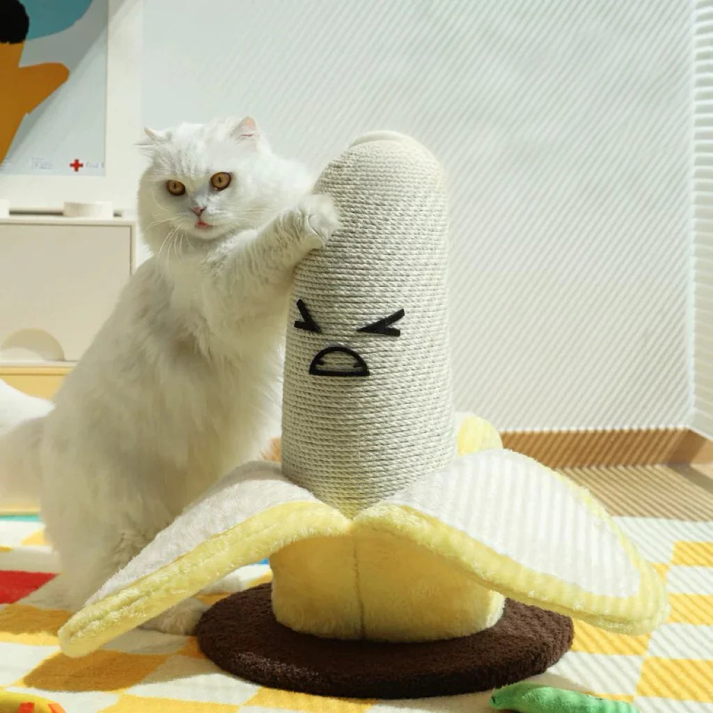 A white cat vigorously scratching the stylish Banana Cat Scratching Post, demonstrating the wobble-free stability provided by its wide, heavy-duty weighted base.