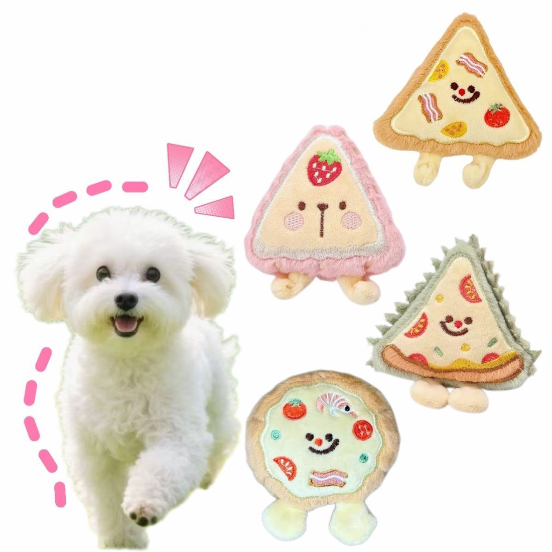 A happy white Maltese dog next to a collection of four plush squeaky toys, including a pizza slice, strawberry, durian, and round pizza, showing the variety in the "Gourmet Snacks" series.