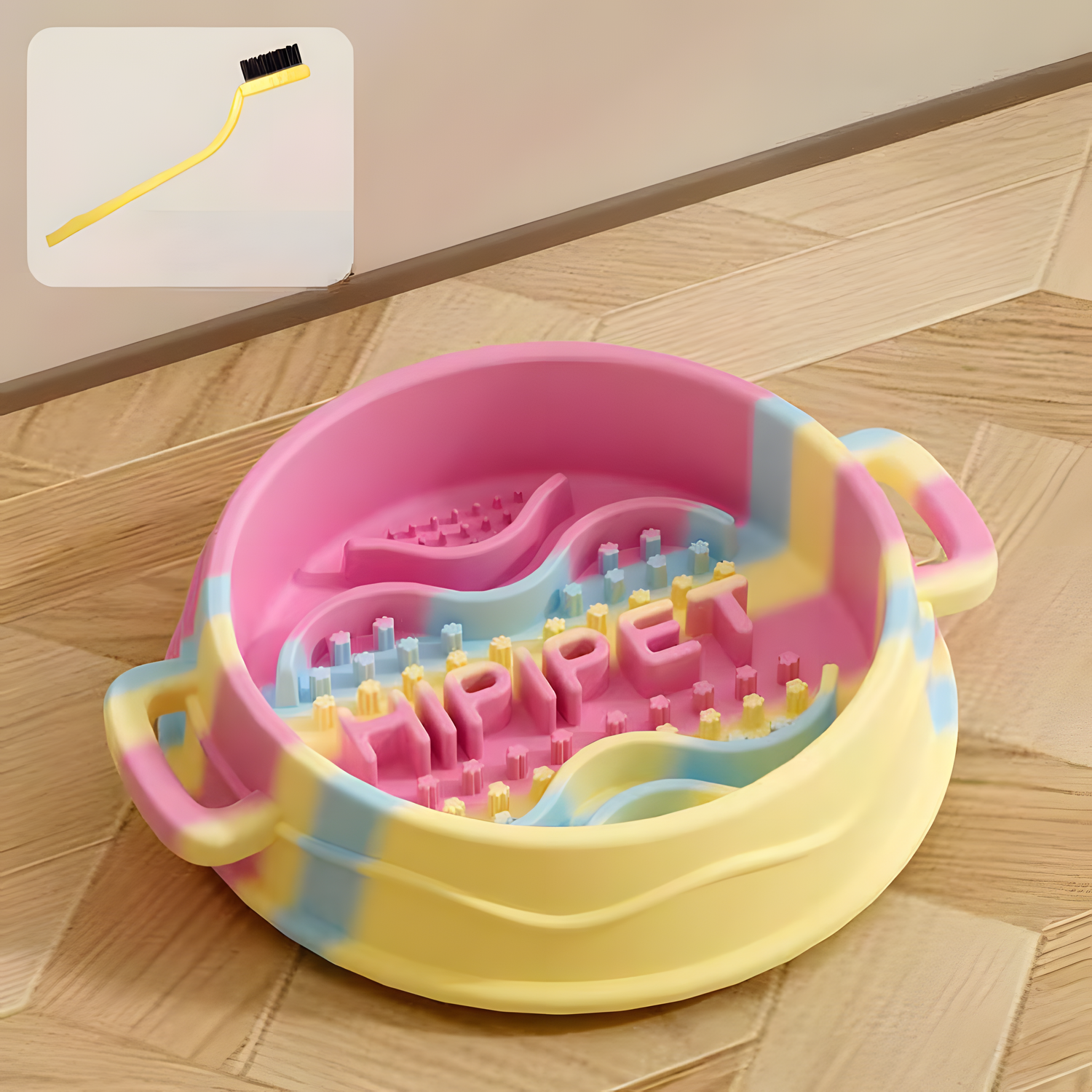 A clean studio shot of the Wiz Pink pastel swirl silicone slow feeder bowl, showcasing the double side handles and intricate 3-in-1 anti-gulp feeding zones.