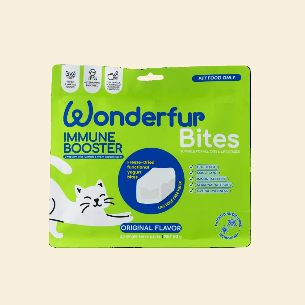Front view of Wonderfur Bites Immune Booster original-flavour freeze-dried yogurt chews for cats