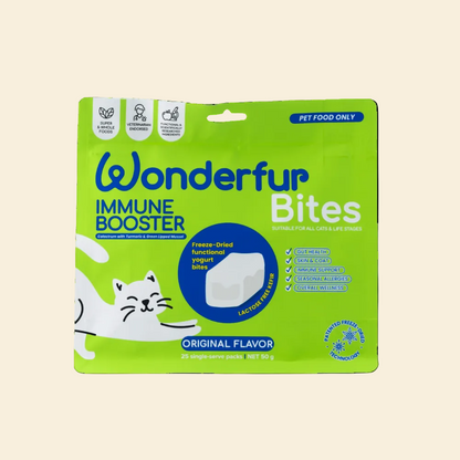 Front view of Wonderfur Bites Immune Booster original-flavour freeze-dried yogurt chews for cats