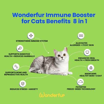 Wonderfur Bites Immune Booster infographic outlining eight functional benefits for cats