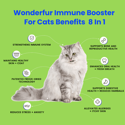 Wonderfur Bites Immune Booster infographic outlining eight functional benefits for cats