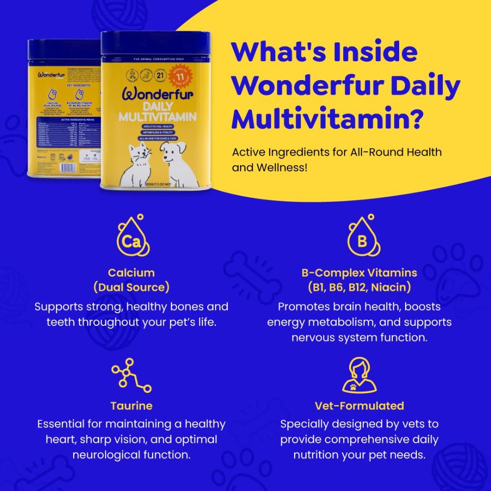 Key ingredients in Wonderfur Daily Multivitamin including calcium, B vitamins and taurine