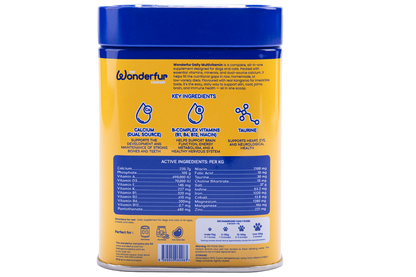 Back label of Wonderfur Daily Multivitamin Powder with nutrients and feeding directions